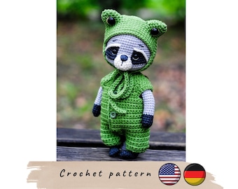 Haakpatroon wasbeer in kikkeroutfit, amigurumi-dier (pdf-patroon)