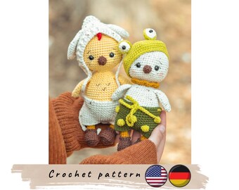 Crochet chick in frog and bunny outfit pattern. Easter toy (PDF)