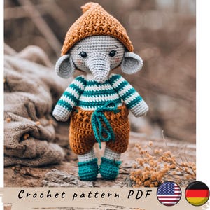 Elephant crochet pattern. Amigurumi elephant pattern. Cute crochet elephant. Crochet toy pattern. PDF crochet pattern in English and German