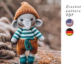 Elephant crochet pattern. Amigurumi elephant pattern. Crochet toy pattern