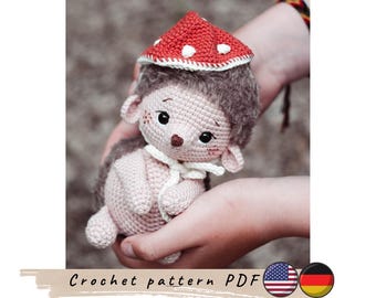 Hedgehog with mushroom hat crochet pattern. Amigurumi hedgehog (PDF pattern). Forest animal pattern.