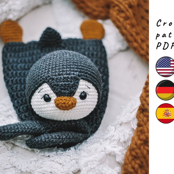 Couverture amoureuse de pingouin. Le doudou ludique. Modèle de crochet de pingouin. Modèle de crochet PDF en anglais, allemand et espagnol.