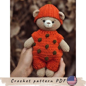 Modèle ours au crochet. Motif ours amigurumi. Modèle d&#39;Halloween au crochet. Modèle au crochet avec tenue d&#39;ours en citrouille. Modèle d&#39;Halloween au crochet.