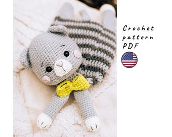 Crochet cat lovey blanket pattern, Amigurumi snuggler toy (PDF Pattern).