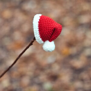 May include: A small red and white crocheted Santa hat with a white pom-pom on a brown twig.