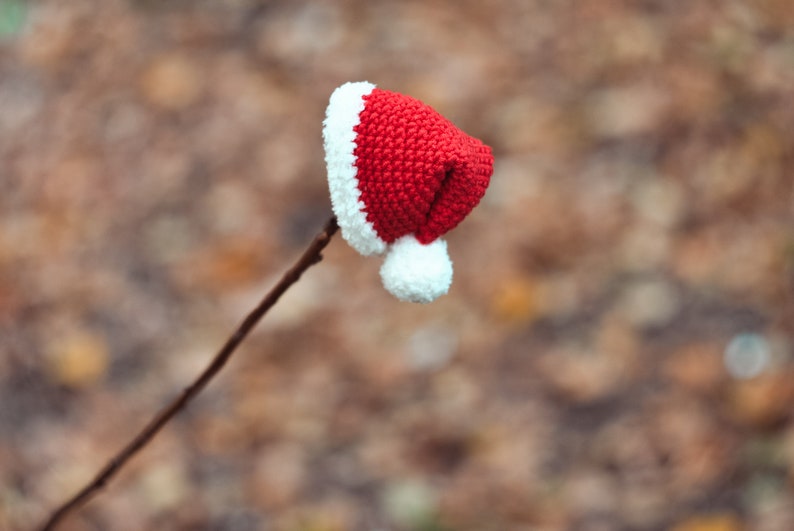 May include: A small red and white crocheted Santa hat with a white pom-pom on a brown twig.
