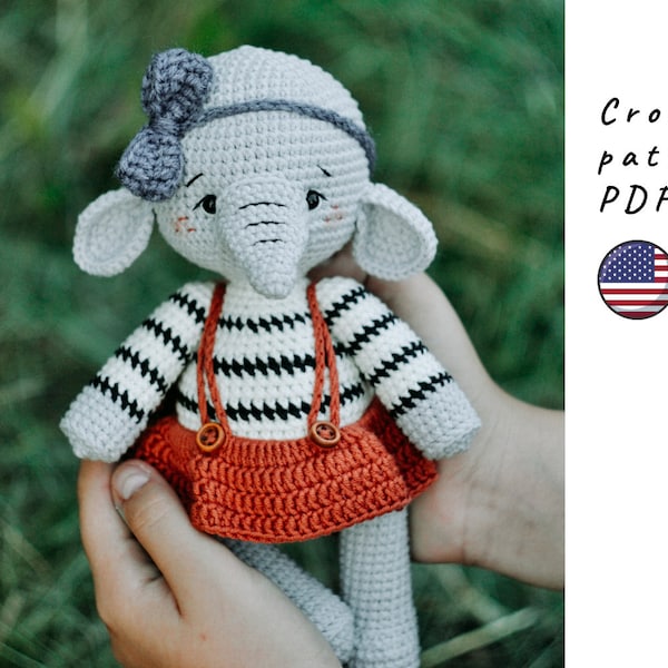 Crochet elephant pattern. Amigurumi elephant pattern. Cute toy crochet pattern.