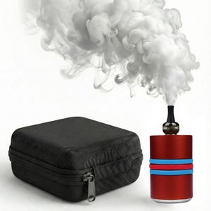 May include: A red and black vaporizer with blue and red bands, emitting a cloud of white vapor. A black zippered case sits to the left. The background is white.