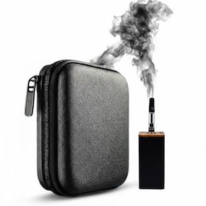 May include: A black, rectangular vaporizer with a silver mouthpiece and a wooden base, emitting a plume of gray vapor. A black, zippered carrying case is on the left.