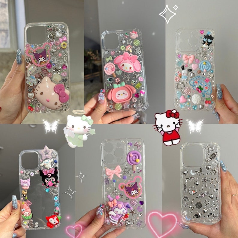 May include: A collection of six clear phone cases decorated with colorful glitter, rhinestones, and cartoon characters. The cases feature Hello Kitty, My Melody, and other popular characters.