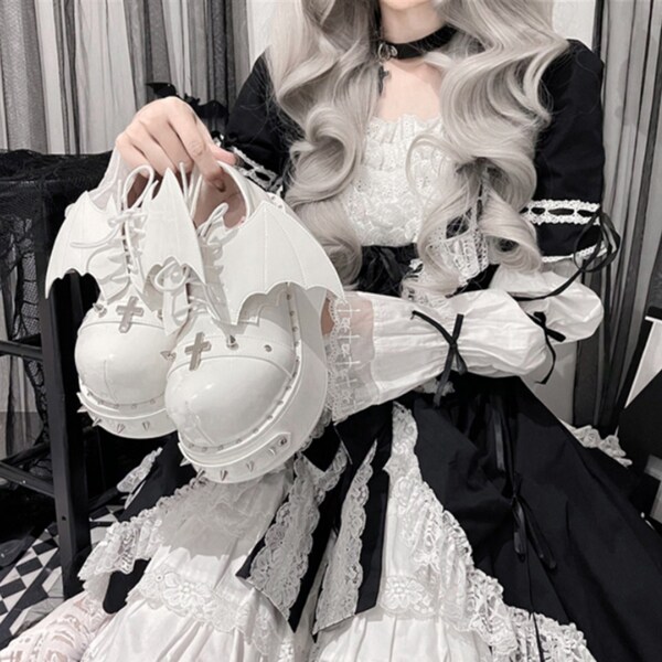 Caradise Women's Bow Lolita Cosplay Platform Shoes - Chunky Heeled Combat Boots, Lace Up Ankle Boots