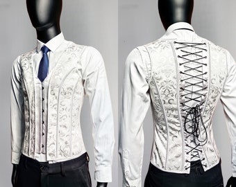 Mens Corset,Gentleman Wedding/Prom Vest Corset,Men Waist Trainer Corset Vest,White Paisley Jacquard Vest,Lace Up Corset Top Men,Gift For Him