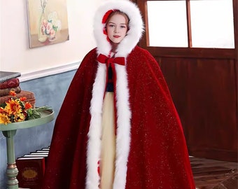 Children's Red Hooded Cape Cloak For Christmas/New Year,Thick Plush Cloak For Christmas,New Year/Christmas Gift Cloak