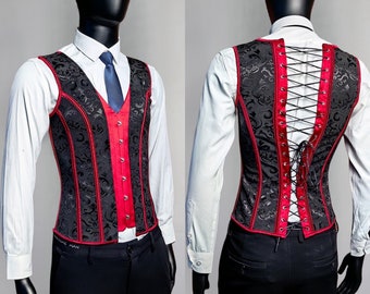 Mens Corset,Red Black Paisley Jacquard Vest,Male Waist Corset Vest,Lace Up Corset Top Sleeveless Suit Corset Men,Gift For Him,Prom Vest