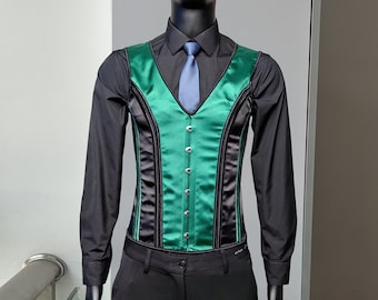 Cool Mens Corset,Retro Green Black Satin Vest,Male Waist Corset Vest,Lace Up Corset Top Sleeveless Suit Corset Men,Gift For Him,Prom Vest