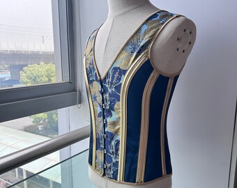 Luxurious Mens Corset,Blue Gold Jacquard Vest,Male Waist Corset Vest,Lace Up Corset Top Sleeveless Suit Corset Men,Gift For Him,Prom Vest