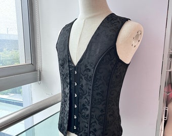 Mens Corset,Black Paisley Jacquard Vest,Male Waist Corset Vest,Lace Up Corset Top Sleeveless Suit Corset Men,Gift For Him,Prom Vest