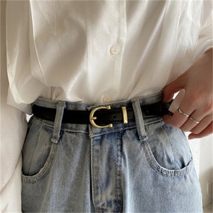 Fashion Belts for Women, Korean Belt, Jeans Belt, 1.9cm Width Belt,Black Leather Belt with Gold Buckle, Thin Belt for Dress, Minimalist Belt