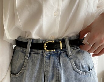 Fashion Belts for Women, Korean Belt, Jeans Belt, 1.9cm Width Belt,Black Leather Belt with Gold Buckle, Thin Belt for Dress, Minimalist Belt