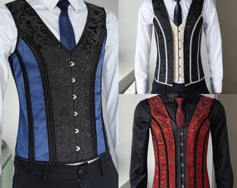 Male Corset,Blue Red Black Paisley Jacquard Mens Corset,Corset Vest,Lace Up Corset Top Sleeveless Suit Corset Men,Gift For Him,Prom Vest