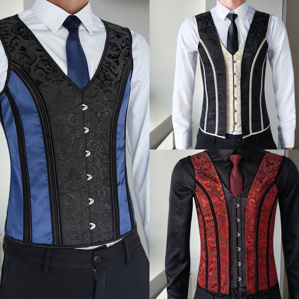 Corset pour homme, corset jacquard cachemire bleu rouge noir pour homme, gilet corset, haut corset à lacets sans manches costume corset pour homme, cadeau pour lui, gilet de bal