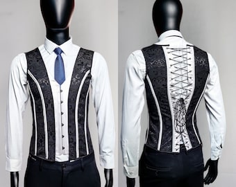 Mens Corset,Gentleman Prom Vest Corset,Men Waist Trainer Corset Vest,White Black Paisley Jacquard Vest,Lace Up Corset Top Men,Gift For Him