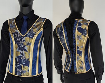 Luxurious Mens Corset,Blue Gold Jacquard Vest,Male Waist Corset Vest,Lace Up Corset Top Sleeveless Suit Corset Men,Gift For Him,Prom Vest