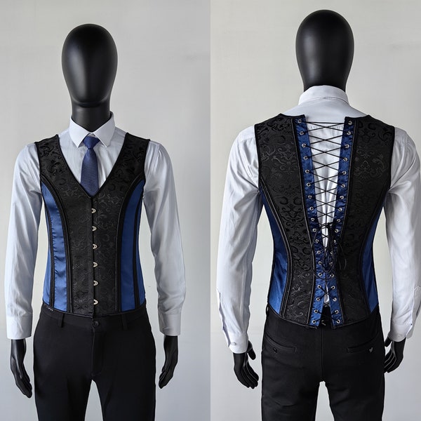 Mens Corset,Blue Black Paisley Jacquard Vest,Gentleman Waist Trainer Corset Vest,Lace Up Corset Top Sleeveless Suit Corset Men,Gift For Him