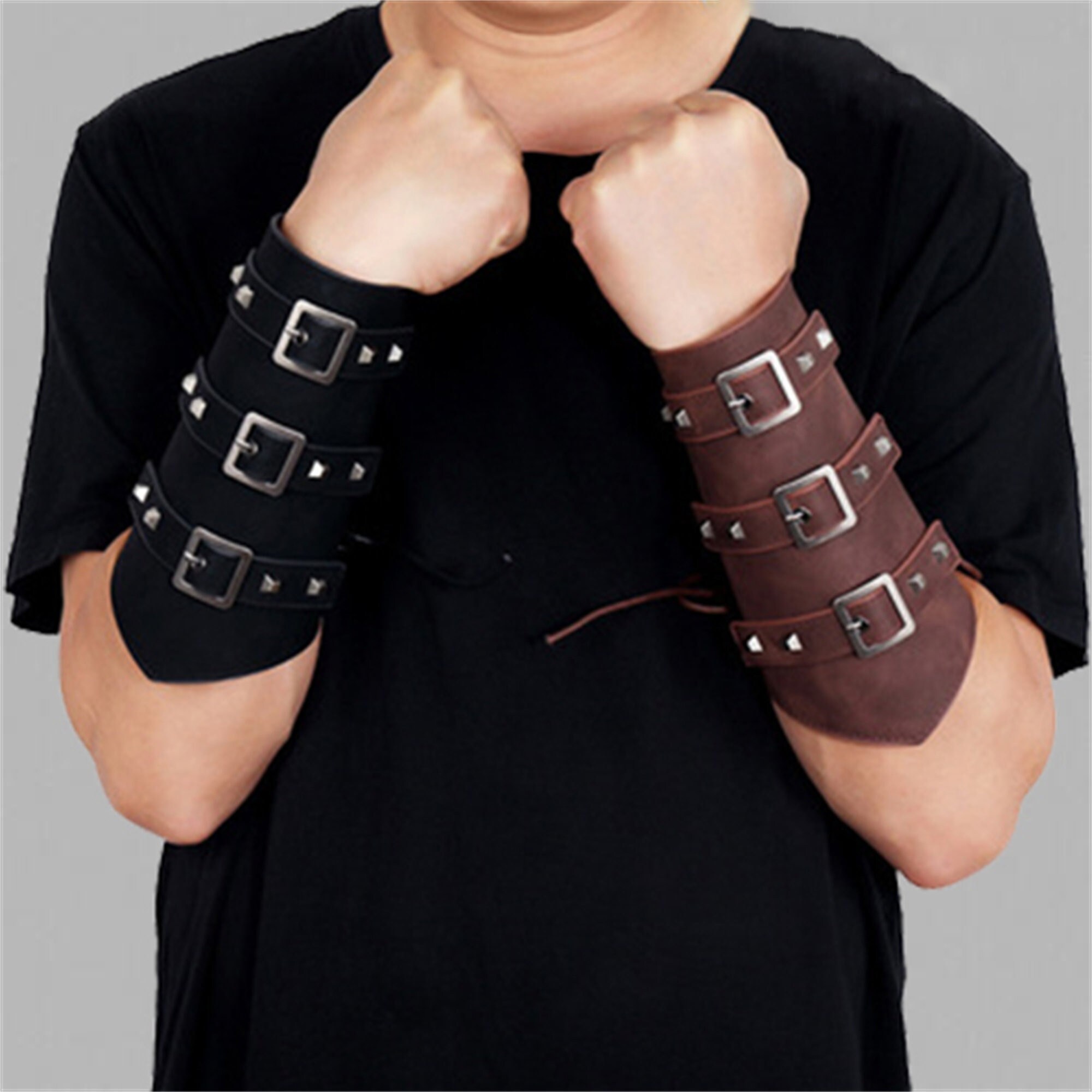 2pcs Leather Gauntlet Wristband Punk Bracer Leather Arm Guards Gauntlet  Viking Runic Compass Embossed Arm Bracers Medieval