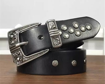 Genuine Leather Belt Men,Long Belts With Carved Buckle for Men,3.8cm Width Belt,Black/Brown/Coffee Leather Rivet Belt,Jeans/Overcoat Belt