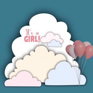 以下が含まれることがあります： 女の子です！ピンク、白、青のベビーシャワーの発表で、雲と風船があります。