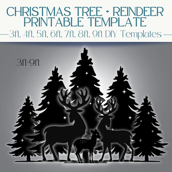 Modello di albero di Natale da 3 piedi, 4 piedi, 5 piedi, 6 piedi, 7 piedi, 8 piedi, 9 piedi con renna maschio, femmina e cucciolo: stencil PDF / Scena di albero di Natale fai da te