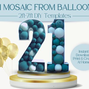 Number 21 Mosaic With Balloons | 2ft, 3ft, 4ft, 5ft, 6ft, 7ft Marquee Numbers | Birthday Party Décor With Instructions