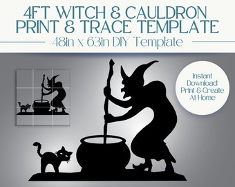 Pode incluir: Silhueta preta de uma bruxa mexendo um caldeirão com um gato observando. A imagem é um modelo imprimível para um projeto de bricolage de 122 cm por 160 cm. O texto "4FT WITCH & CAULDRON PRINT & TRACE TEMPLATE 48in x 63in DIY Template Instant Download: Print & Create At Home" está incluído na imagem.