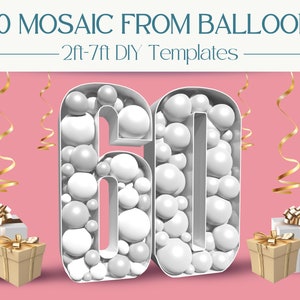 Mosaico número 60 con globos / Números de marquesina de 2 pies, 3 pies, 4 pies, 5 pies, 6 pies, 7 pies / Decoración de fiesta de 60 cumpleaños y aniversario con instrucciones