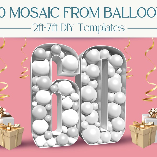 Number 60 Mosaic With Balloons | 2ft, 3ft, 4ft, 5ft, 6ft, 7ft Marquee Numbers | 60th Birthday & Anniversary Party Décor With Instructions