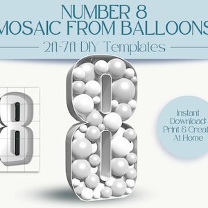 Number 8 Mosaic With Balloons | 2ft, 3ft, 4ft, 5ft, 6ft, 7ft Marquee Numbers | 8th Anniversary & Birthday Party Décor With Instructions