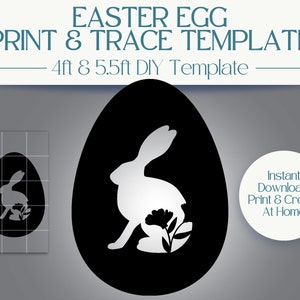 May include: Black and white printable template of an Easter egg with a bunny rabbit silhouette inside. The template is 1.2 metres by 1.7 metres and is for DIY projects. The text "Instant Download: Print & Create At Home" is also included.