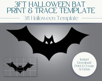 May include: Printable 3 ft Halloween bat template. The image shows a black bat silhouette with a grid overlay for easy tracing. The text "Instant Download: Print & Create At Home" is also included.