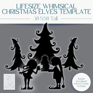 Könnte beinhalten: Schwarz-weiß-Silhouettenvorlage von zwei Elfen, die vor einem Weihnachtsbaum stehen und Geschenke halten. Die Vorlage ist für die Erstellung von lebensgroßen Dekorationen, die 91 bis 168 cm groß sind. Der Text "Sofortiger Download: Drucken und erstellen Sie zu Hause" ist ebenfalls enthalten.