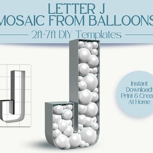 Mosaico letra J com balões | Números de letreiro de 2 pés, 3 pés, 4 pés, 5 pés, 6 pés, 7 pés | Decoração de festa de aniversário com instruções