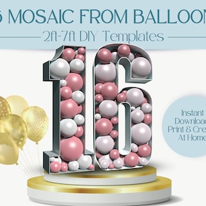 Number 16 Mosaic With Balloons | 2ft, 3ft, 4ft, 5ft, 6ft, 7ft Marquee Numbers | 16th Birthday & Anniversary Party Décor With Instructions