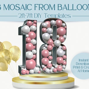 Mosaico número 18 con globos / Números de marquesina de 2 pies, 3 pies, 4 pies, 5 pies, 6 pies, 7 pies / Decoración de fiesta de 18 cumpleaños y aniversario con instrucciones