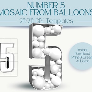 Number 5 Mosaic With Balloons | 2ft, 3ft, 4ft, 5ft, 6ft, 7ft Marquee Numbers | Anniversary & Birthday Party Décor With Instructions