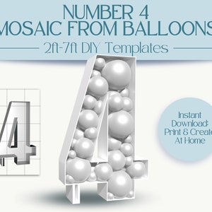 Number 4 Mosaic With Balloons | 2ft, 3ft, 4ft, 5ft, 6ft, 7ft Marquee Numbers | Anniversary & Birthday Party Décor With Instructions