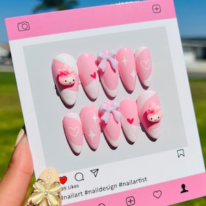 Kawaii pink press on Nails | anime| doki doki|  fake nails
