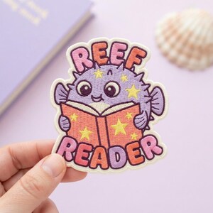 Custom Embroidered Patch, Reef Reader Pufferfish Iron On Sew On Hook and Loop Patch, Cute Book Lover Fish Patch, Reader Gift