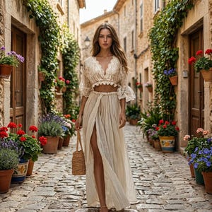 May include: A two-piece set consisting of a cream-colored lace crop top with long sleeves and a matching high-waisted, floor-length skirt featuring a high side slit. The outfit is paired with a small, cylindrical woven straw handbag.