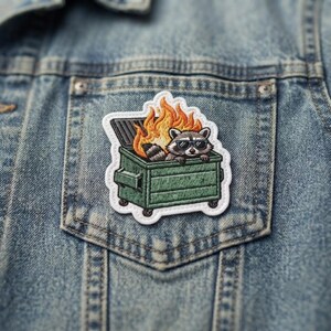 Custom Embroidered Patch, Funny Raccoon Dumpster Fire Patch, Iron On Sew On Hook and Loop Trash Panda Patch, Humor Gift