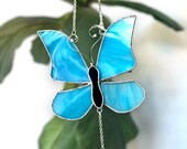 4 quot Blue Stained Glass Hanging Butterfly Suncatcher Premium Handmade Stained Glass Art